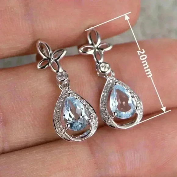 NEW 14k Gold Over Silver Aquamarine White Sapphire Drop Earrings - Picture 4 of 5